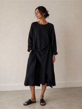 OLIVE Black Tie Waist Tunic Dress 100% Cotton Oversized Relaxed Fit Size L